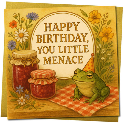 Funny Frog Birthday Card - 'Happy Birthday, You Little Menace' - Cute Woodland Illustration, Square 145mm x 145mm, For Friends, Him or Her, Includes Gold Envelope