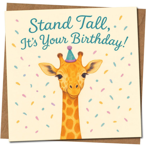Giraffe Birthday Card - Stand Tall, It's Your Birthday! - Cute Animal Greeting Card, 145mm x 145mm Square, Includes Kraft Envelope