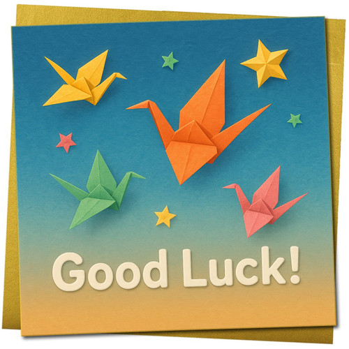 Good Luck Card - Colourful Origami Cranes and Stars Design - 145mm x 145mm Square Greeting Card, Includes Gold Envelope
