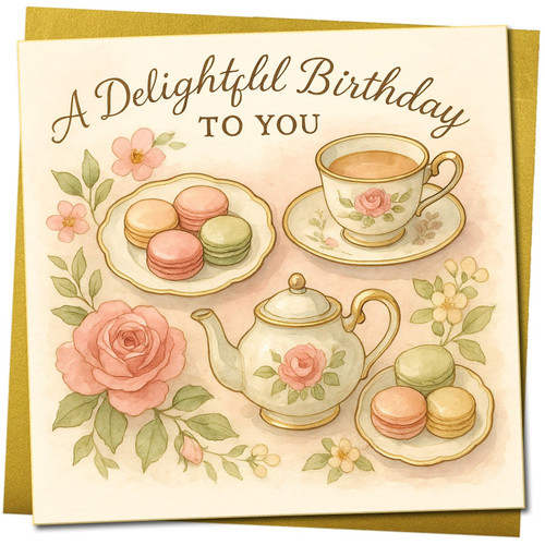 Elegant Birthday Card 145mm x 145mm - A Delightful Birthday To You - Vintage Tea Set, Roses & Macarons Watercolour - Square Greeting, Includes Gold Envelope