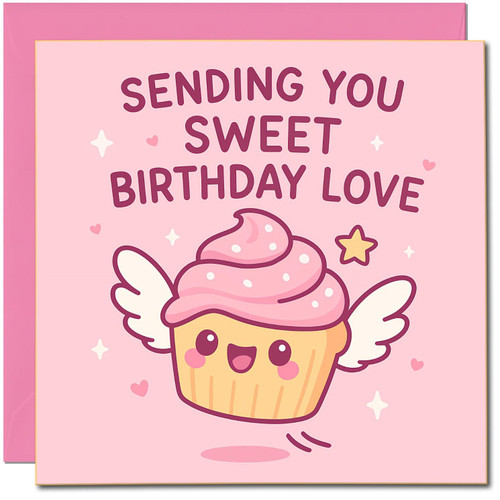 Cute Cupcake Birthday Card – Sending You Sweet Birthday Love – 145mm x 145mm – Kawaii Pastel Design for Friends, Family, Him or Her, Includes Pink Envelope