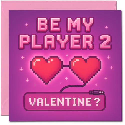 Be My Player 2 Valentine? Pixel Heart Gaming Valentine's Day Card, Cute Geek Gamer Love Card for Boyfriend Girlfriend, 145mm x 145mm, Includes Pink Envelope