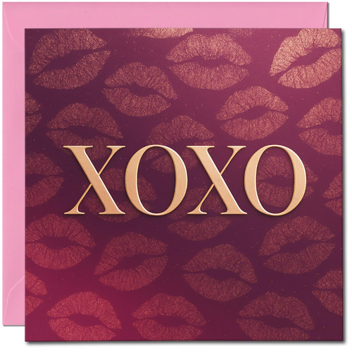 XOXO Kisses Design Love & Anniversary Greeting Card, Romantic Burgundy and Pink, 145mm x 145mm, Valentine's Day, Includes Pink Envelope
