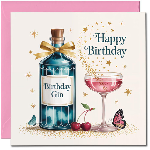 Gin Birthday Card - Happy Birthday Gin Bottle and Cocktail Design - 145mm x 145mm Square - For Lovers, Includes Pink Envelope