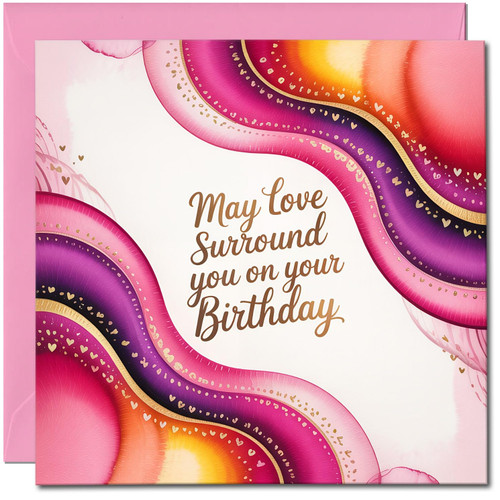 May Love Surround You on Your Birthday Greeting Card - 145mm x 145mm - Pink & Purple Hearts Design - Elegant, Heartfelt Birthday Wishes, Includes Pink Envelope