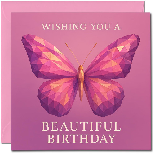 Beautiful Birthday Butterfly Card - Wishing You a Beautiful Birthday - Pink Geometric Butterfly, 145mm x 145mm, Includes Pink Envelope