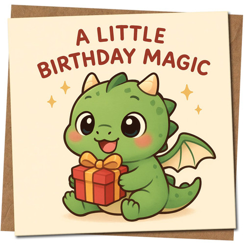 Cute Baby Dragon Birthday Card - A Little Birthday Magic - 145mm x 145mm Square - Children's Kids Card, Includes Kraft Envelope