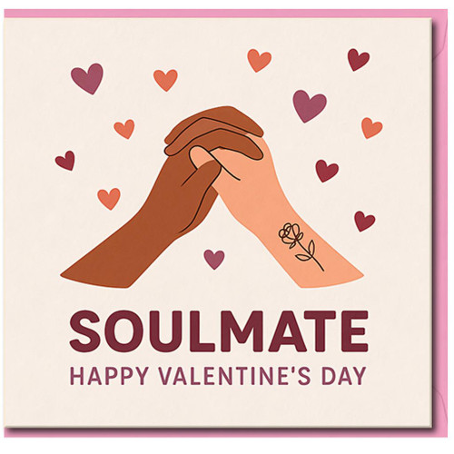 Soulmate Valentine's Day Card - Romantic Holding Hands and Hearts Illustration - Love Card for Partner, Boyfriend, Girlfriend, Husband or Wife
