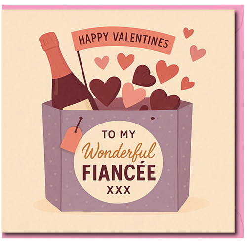 Valentine’s Day Card for Fiancée - To My Wonderful Fiancée - Cute Hearts and Champagne Gift Bag Design - Romantic Love Greeting Card