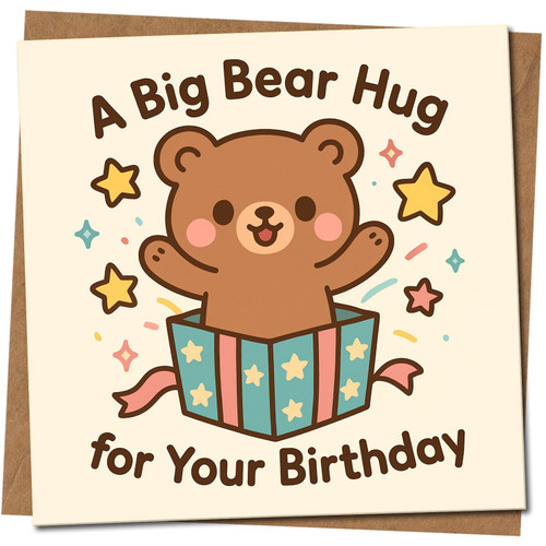 A Big Bear Hug Birthday Card - Cute Teddy Bear in Gift Box - Square Greeting Card 145mm x 145mm, Includes Kraft Envelope