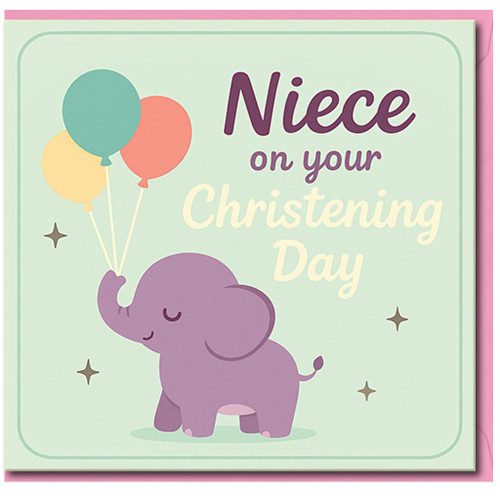 Niece Christening Day Card - Cute Elephant with Balloons - 'Niece on Your Christening Day' - Sweet Greeting Card for Niece's Baptism, Pastel Design