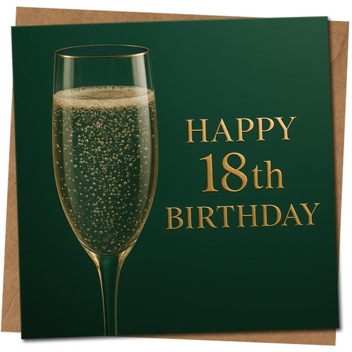 18th Birthday Card - Champagne Glass Design on Deep Green, 145mm x 145mm Square, Includes Kraft Envelope