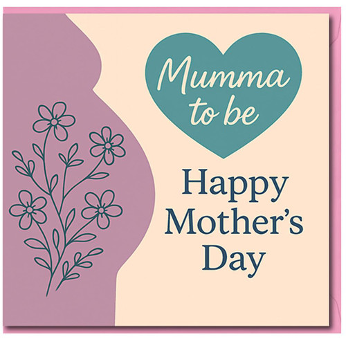 Mumma To Be Mother's Day Card - Teal Heart and Floral Baby Bump Design, 'Happy Mother's Day' Greeting for Expectant Mum
