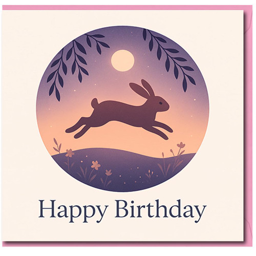 Moonlit Hare Birthday Card - Leaping Rabbit Under Full Moon with Wildflowers, Nature-Themed Happy Birthday Design