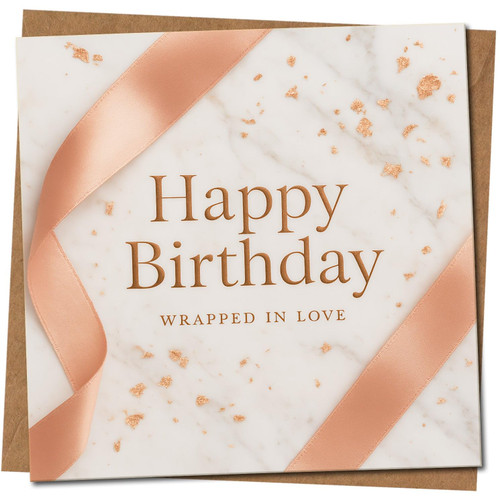 Happy Birthday Card - Wrapped in Love - Marble Design, 145mm x 145mm Square, Includes Kraft Envelope