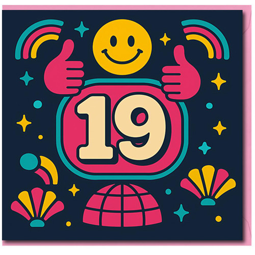19th Birthday Card - Bright Retro Design with Happy Face and Thumbs Up, Colourful Stars and Confetti - Fun Nineteenth Birthday Card for Him or Her