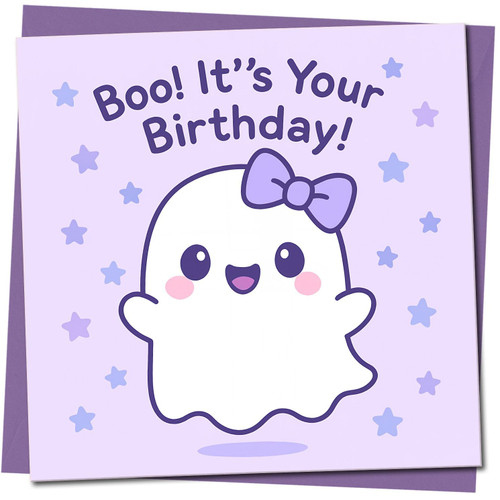 Cute Ghost Birthday Card - Boo! It's Your Birthday - 145mm x 145mm Square - Pastel Purple Stars Kawaii Design - Funny Cute Greeting Card for Kids or Anyone, Includes Purple Envelope