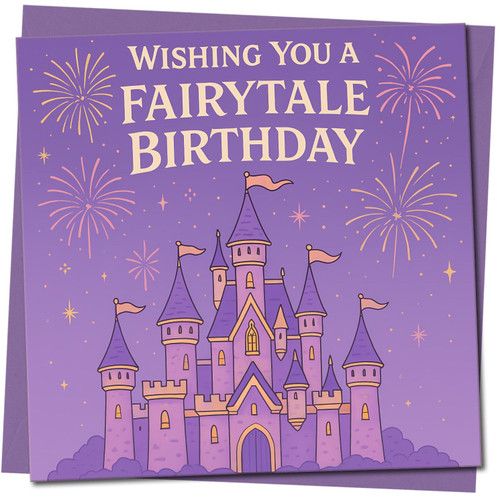 Fairytale Castle Birthday Card - Purple Fireworks Design, Wishing You a Fairytale Birthday, Square 145mm x 145mm, Includes Purple Envelope