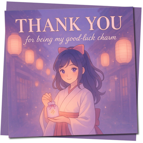Square Thank You Card - Anime Lantern Night, 'Thank You for Being My Good-Luck Charm' - Cute Japanese-Inspired Illustration - 145mm x 145mm, Includes Purple Envelope