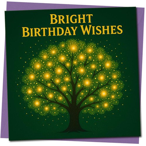 Bright Birthday Wishes Tree Card, 145mm x 145mm - Elegant Glowing Lights Tree Design, Square Birthday Greeting Card, Includes Purple Envelope