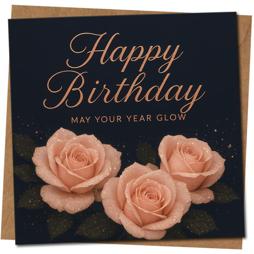 Happy Birthday Card - Blush Rose Design on Navy - 145mm x 145mm Square - Elegant Script - Premium Quality -, Includes Kraft Envelope
