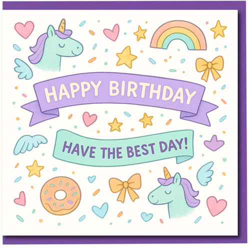 Unicorn Birthday Card - Cute Pastel Rainbow and Stars Design - 'Happy Birthday, Have The Best Day!' - Fun Greeting Card for Kids, Girls, Boys, Friends