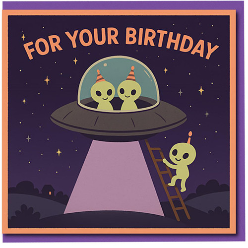 Cute Alien UFO Birthday Card - For Your Birthday, Space Night Sky with Party Hat Aliens and Purple Beam, Fun Kids and Adults Design