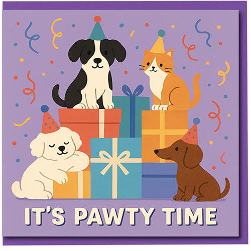 Funny Dog and Cat Birthday Card - It's Pawty Time - Cute Party Pets with Hats and Presents - For Pet Lovers, Kids and Friends