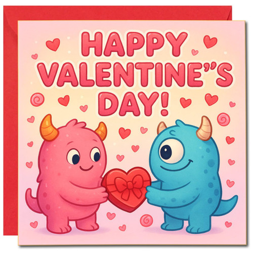 Cute Monster Valentine's Day Card 145mm x 145mm, Happy Valentine's Day, Cartoon Monsters, Sweet Romantic Card for Partner, Boyfriend or Girlfriend, Includes Red Envelope