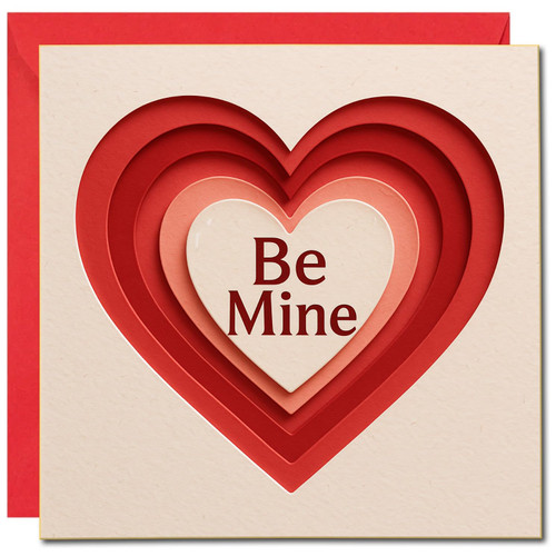 Be Mine Layered Red Heart Square Greeting Card - 145mm x 145mm - Valentine's Day Love Card, Includes Red Envelope