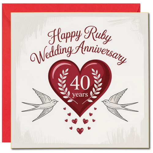 Ruby 40th Wedding Anniversary Card - Happy Ruby Anniversary Heart and Doves - 145mm x 145mm Square Greeting Card, Includes Red Envelope
