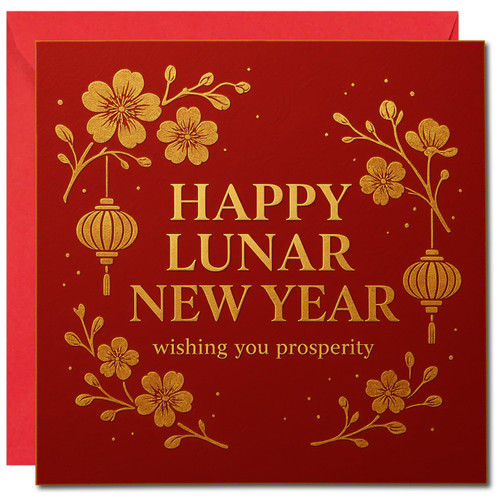 Lunar New Year Card - Red & Gold Lantern Blossom Design, Wishing You Prosperity - 145mm x 145mm Square, Includes Red Envelope