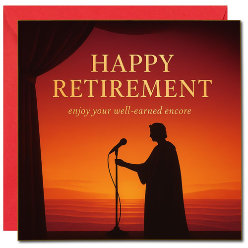 Happy Retirement Card - Theatre Encore Design - Elegant Silhouette Stage Scene - 145mm x 145mm Square - Congratulations and Best Wishes, Includes Red Envelope