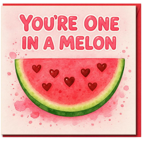 You're One in a Melon Greeting Card - Cute Watercolour Watermelon Pun, Heart Seeds - Love & Anniversary Card for Partner, Girlfriend, Boyfriend, Husband or Wife