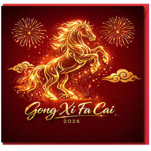 Gong Xi Fa Cai 2026 Chinese New Year Greeting Card - Golden Horse and Fireworks - Lunar New Year Greeting - Red and Gold Festive Design