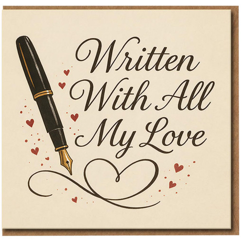 Written With All My Love Card - Romantic Fountain Pen and Hearts Design - Love & Anniversary Greeting Card for Partner, Husband or Wife - Blank Inside with Envelope