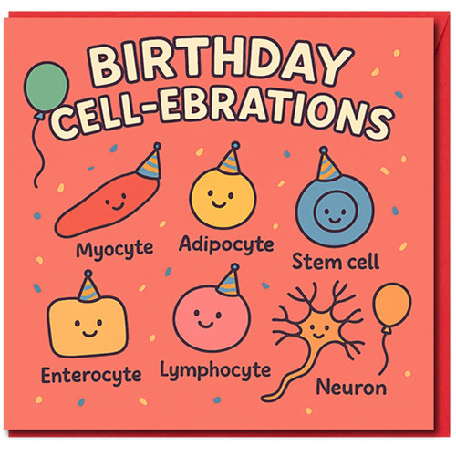 Funny Science Pun Birthday Card - 'Birthday Cell-ebrations' with Cute Cartoon Cells, Confetti and Balloons - For Biology Nerds, Teachers, Doctors and Med Students