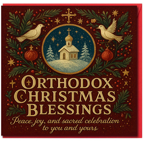 Orthodox Christmas Blessings Card - Snowy Church, Doves and Evergreens - Religious Festive Greeting for Family and Friends