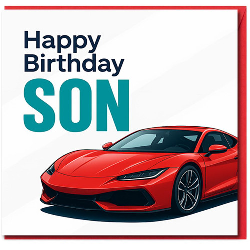 Happy Birthday Son Card - Red Sports Car Design, Modern Motoring Theme for Car-Mad Boys, Teens or Adult Son