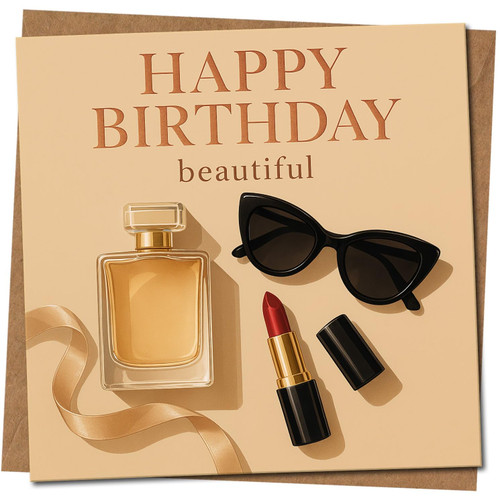 Happy Birthday Beautiful Card for Her - Perfume, Sunglasses & Lipstick Design - Glamorous Feminine Birthday Greeting - 145mm x 145mm Square -, Includes Kraft Envelope
