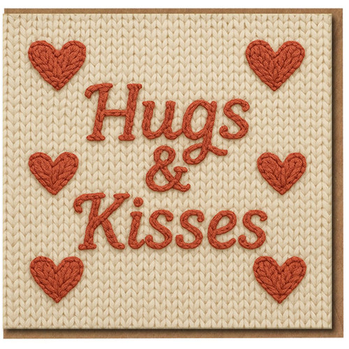 Hugs & Kisses Love Card - Romantic Greeting Card with Knitted Hearts Design, Blank Inside for Anniversary, Valentine's Day or Just Because