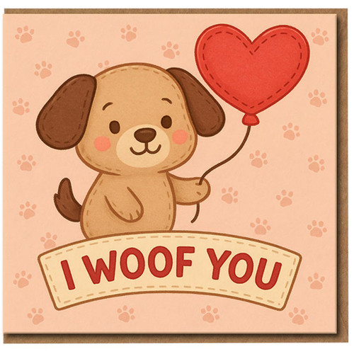 Cute Dog 'I Woof You' Love Card with Heart Balloon - Romantic Anniversary or Valentine's Day Card, Puppy Paw Print Design, Blank Inside