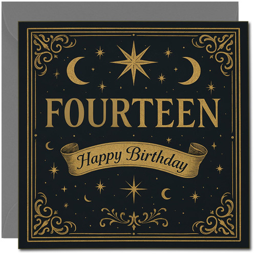 14th Birthday Card, Fourteen Happy Birthday Card with Gold Star and Moon Vintage Design