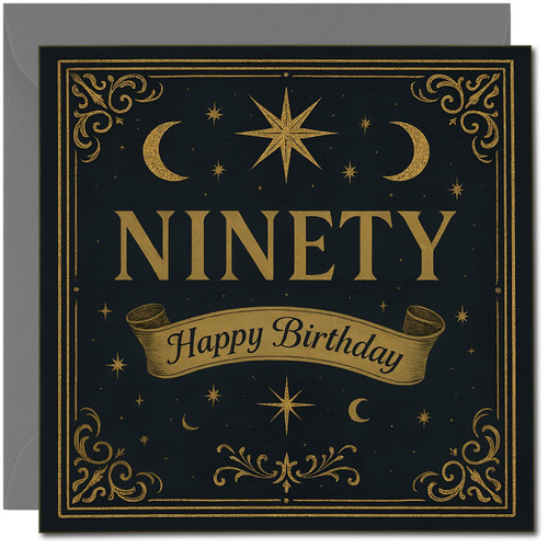 90th Birthday Card, Elegant Gold Celestial Happy Birthday Card for Ninety