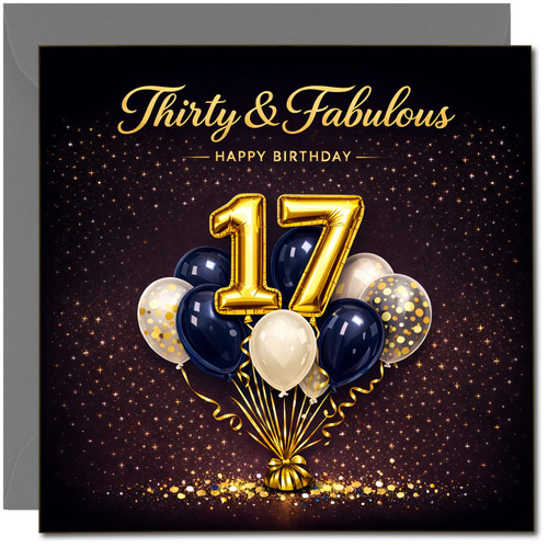 17th Birthday Card, Black and Gold Balloons Happy Birthday Card
