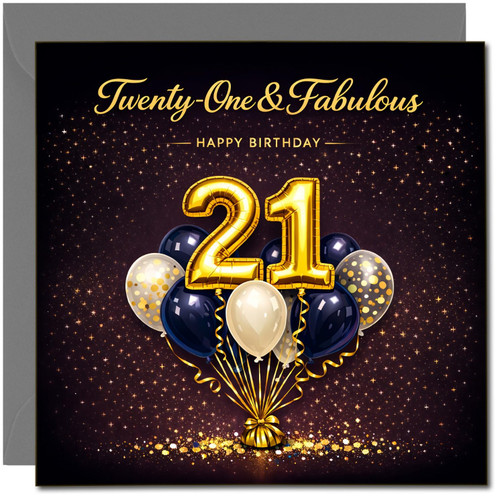 21st Birthday Card, Twenty - One & Fabulous Balloon Design, Gold and Navy Happy Birthday Card