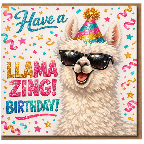 Llama Birthday Card - Funny Pun 'Have a Llamazing Birthday' - Party Hat Llama with Sunglasses - Colourful Confetti Design - Humour Greeting Card for Anyone