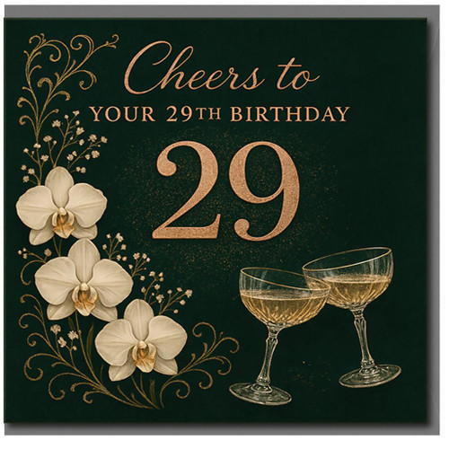 29th Birthday Card, Cheers to Your 29th Birthday Floral Champagne Design