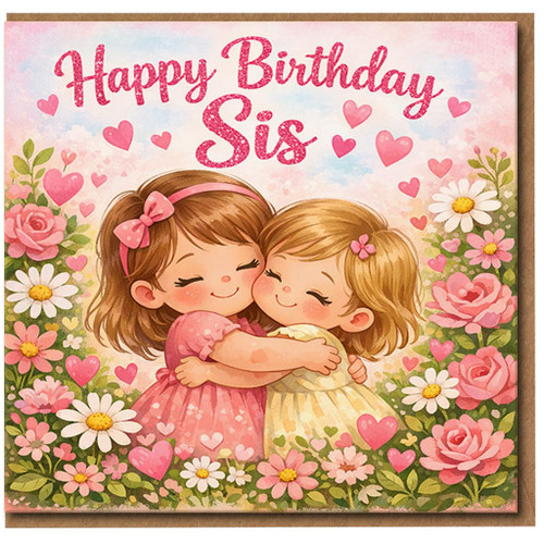 Happy Birthday Sis Card - Cute Sister Birthday Card with Hugging Sisters, Hearts and Flowers - Adorable Kawaii Sister Greeting for Her