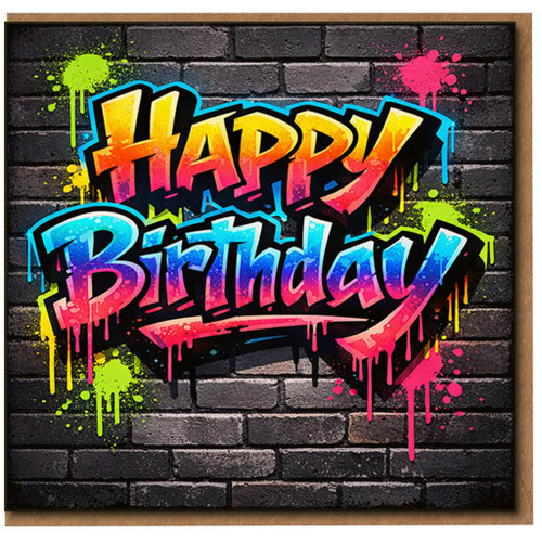 Happy Birthday Graffiti Street Art Card - Colourful Spray Paint Design on Brick Wall - Fun Urban Birthday Card for Teens, Adults, Him or Her